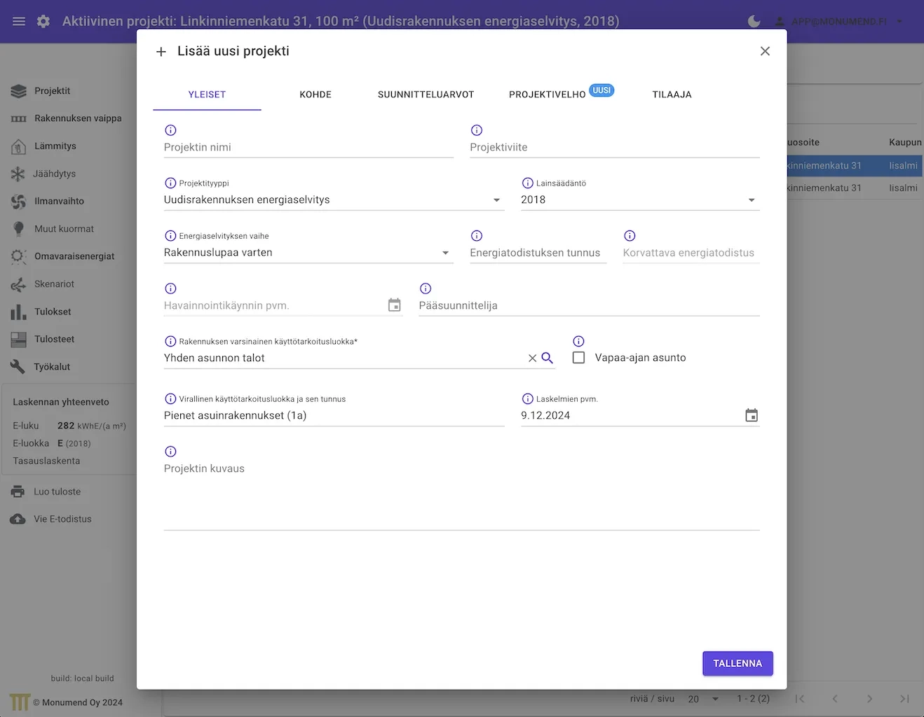 Uuden projektin lisäys